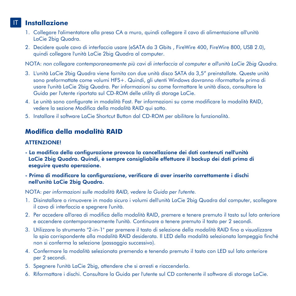 Installazione, Modifica della modalità raid | LaCie 2big Quadra User Manual | Page 8 / 24