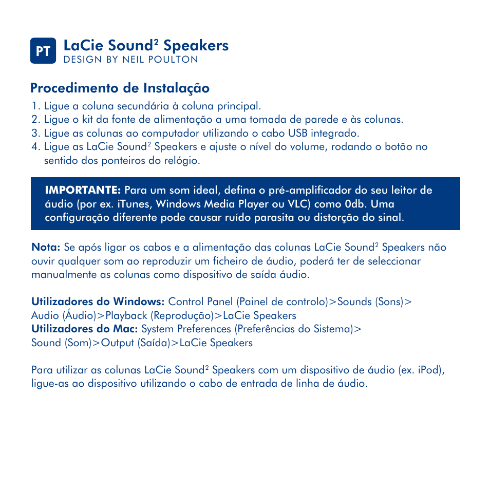 Lacie sound, Speakers, Procedimento de instalação pt | LaCie Sound 2 User Manual | Page 11 / 24