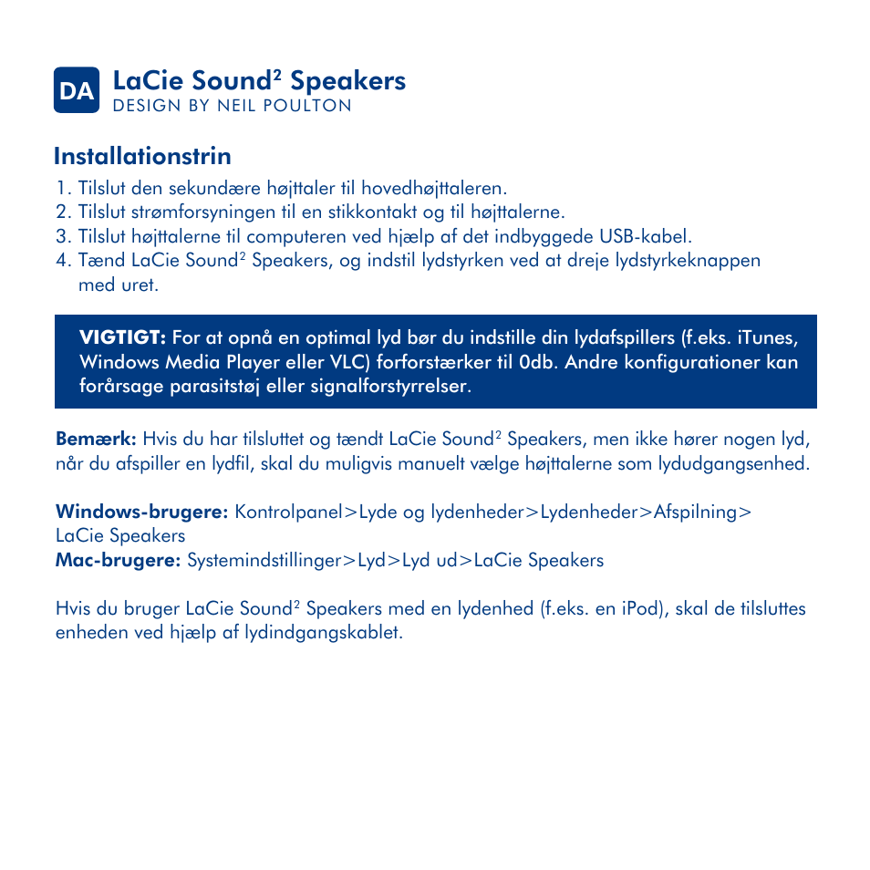 Lacie sound, Speakers, Installationstrin da | LaCie Sound 2 User Manual | Page 13 / 24