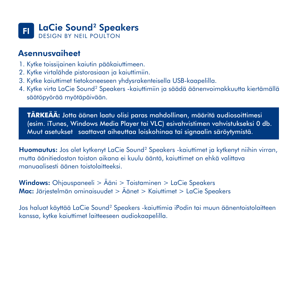 Lacie sound, Speakers, Asennusvaiheet fi | LaCie Sound 2 User Manual | Page 14 / 24