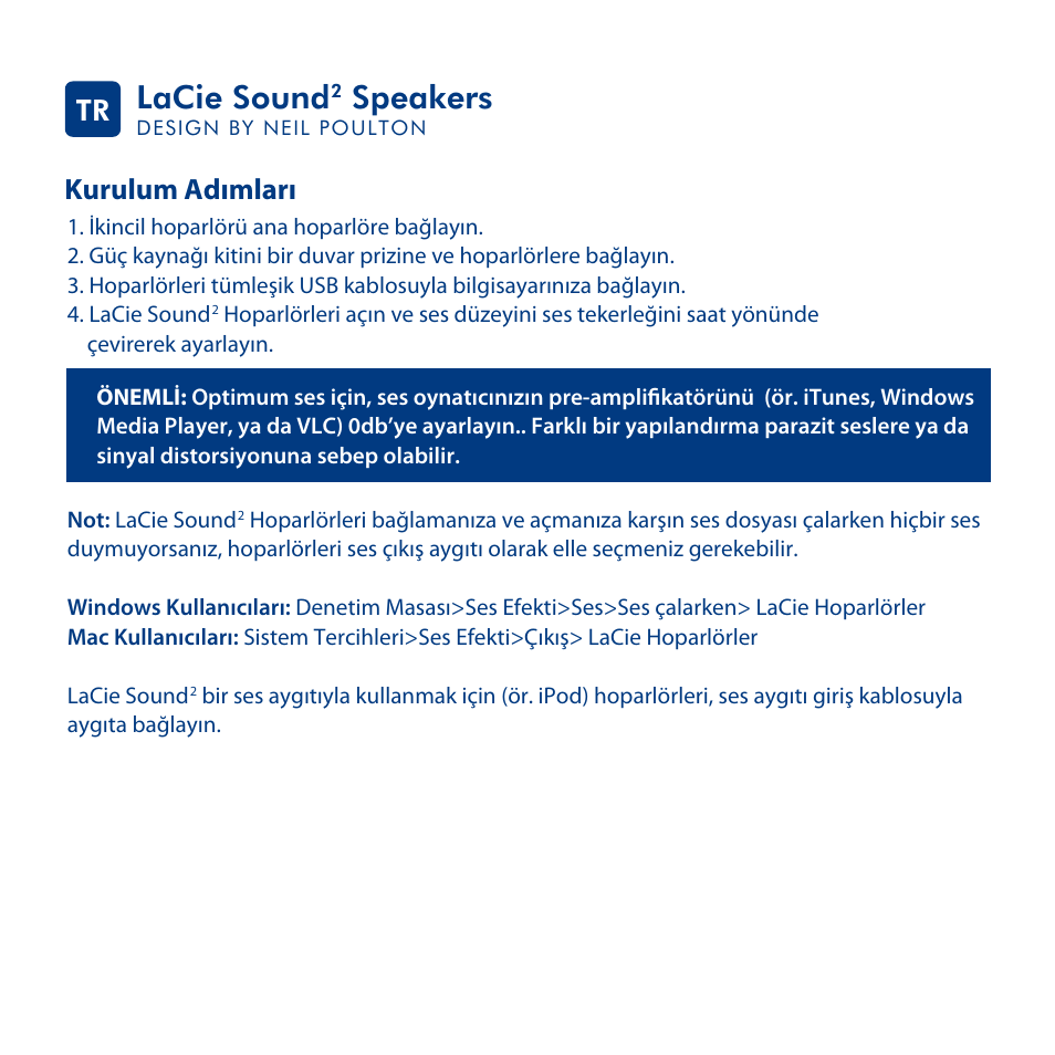 Lacie sound, Speakers, Kurulum adımları tr | LaCie Sound 2 User Manual | Page 20 / 24