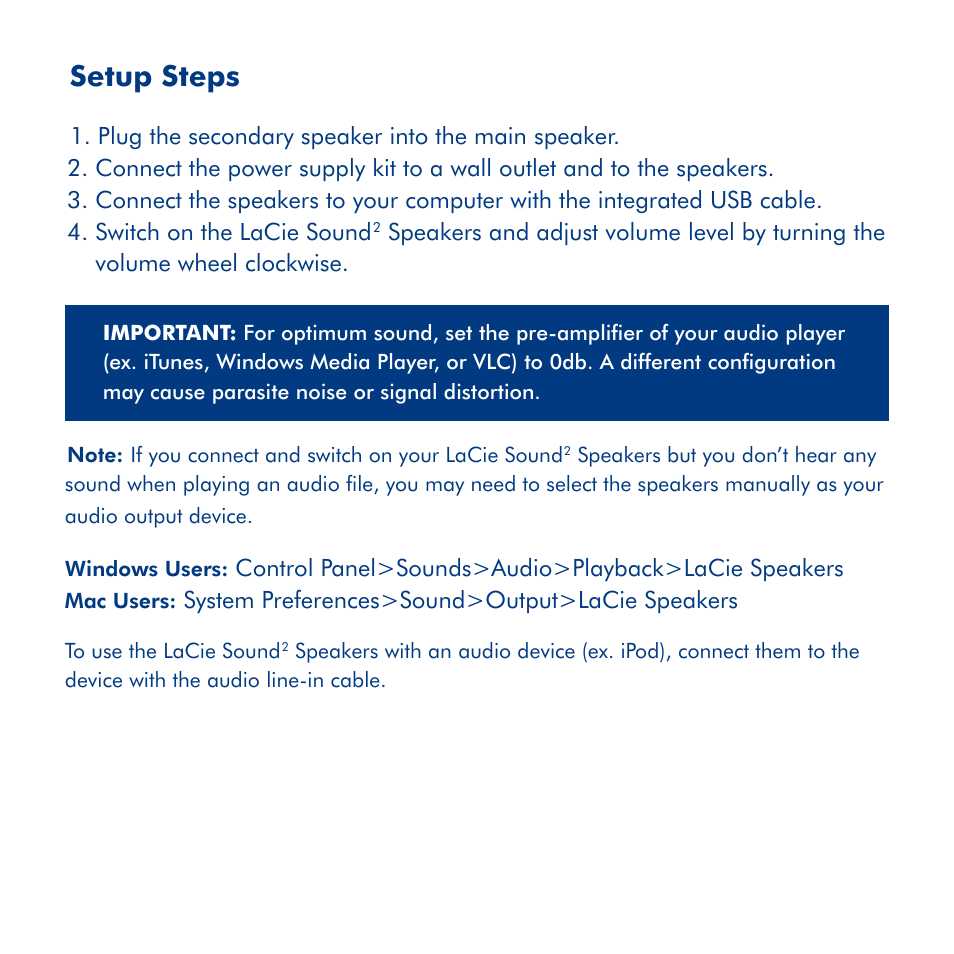 Setup steps | LaCie Sound 2 User Manual | Page 5 / 24