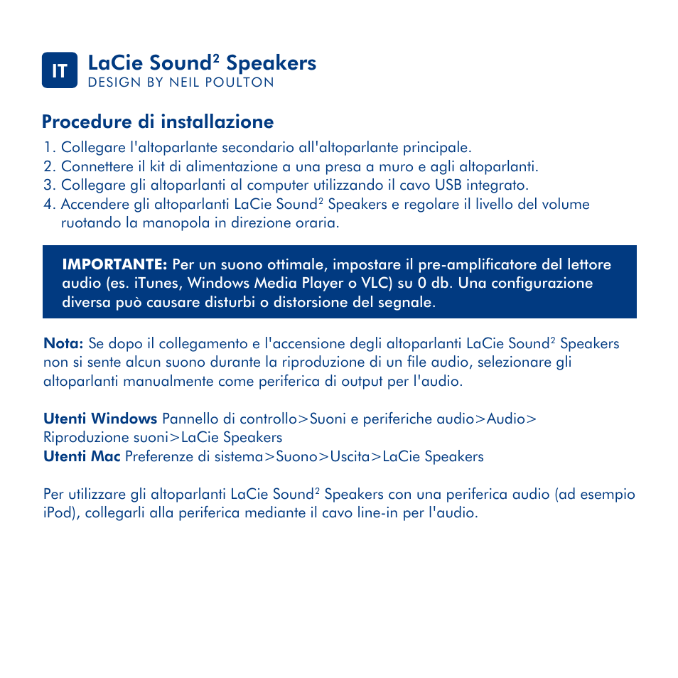 Lacie sound, Speakers, Procedure di installazione it | LaCie Sound 2 User Manual | Page 7 / 24