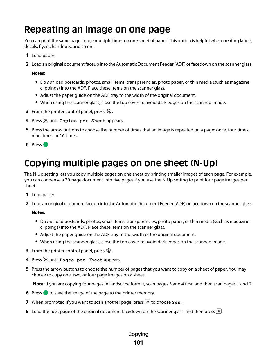 Repeating an image on one page, Copying multiple pages on one sheet (n-up) | Lexmark 5600 Series User Manual | Page 101 / 173