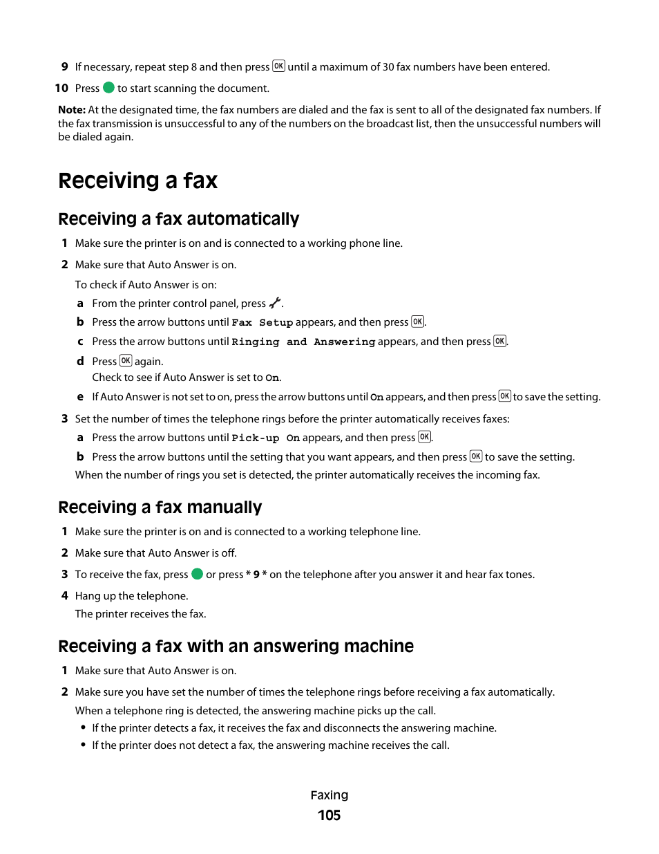 Receiving a fax, Receiving a fax automatically, Receiving a fax manually | Receiving a fax with an answering machine | Lexmark 5600 Series User Manual | Page 105 / 173
