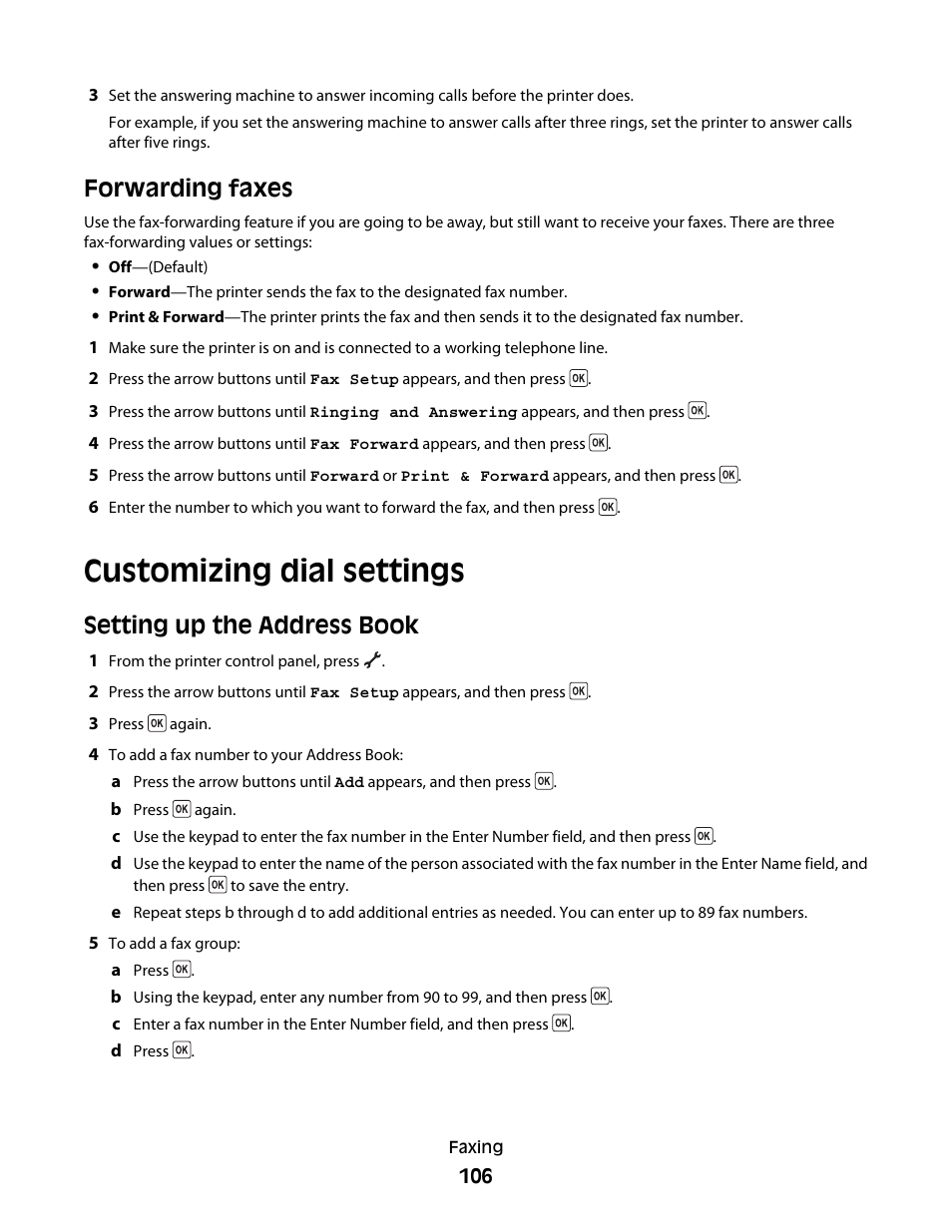 Forwarding faxes, Customizing dial settings, Setting up the address book | Lexmark 5600 Series User Manual | Page 106 / 173