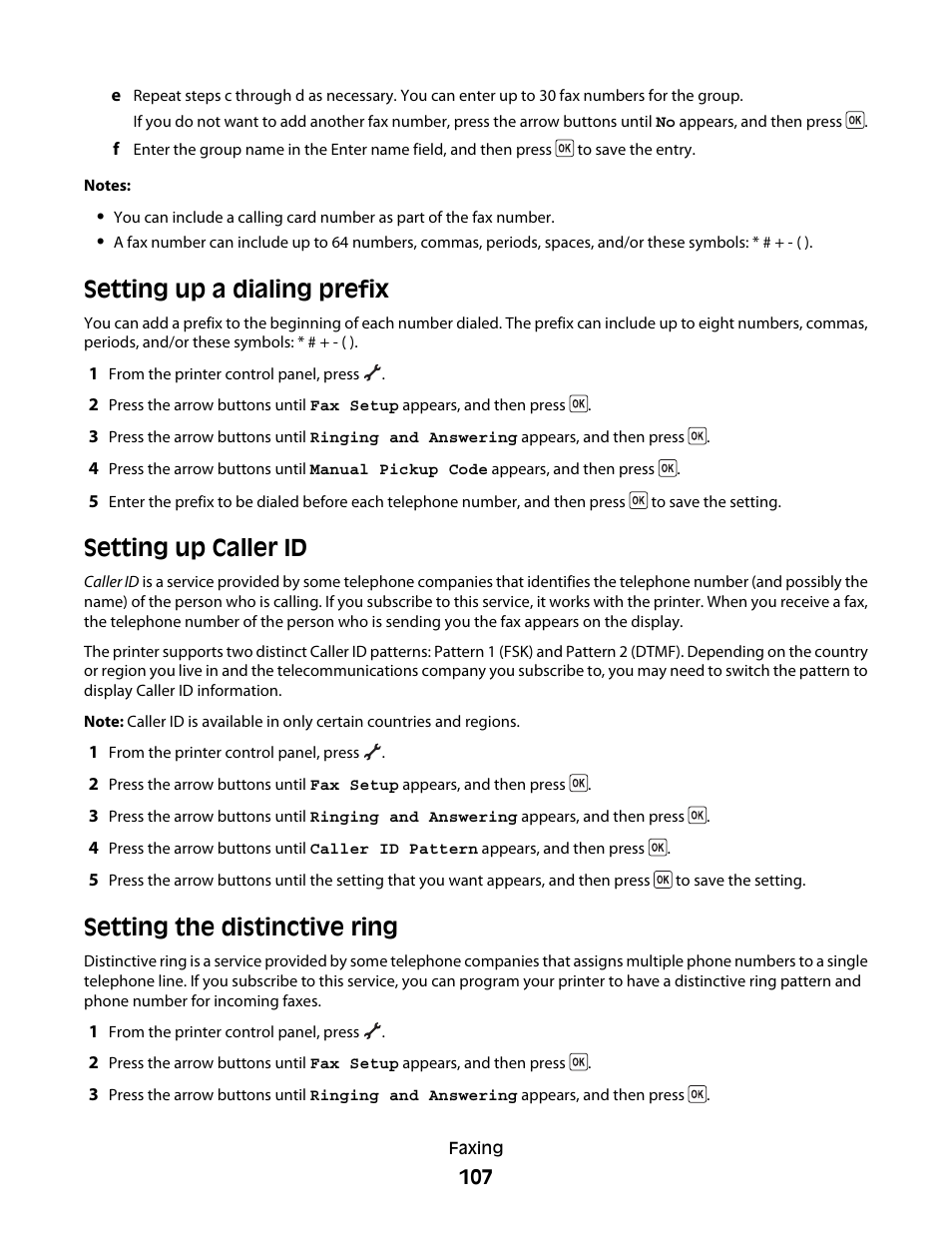 Setting up a dialing prefix, Setting up caller id, Setting the distinctive ring | Setting up caller id setting the distinctive ring | Lexmark 5600 Series User Manual | Page 107 / 173