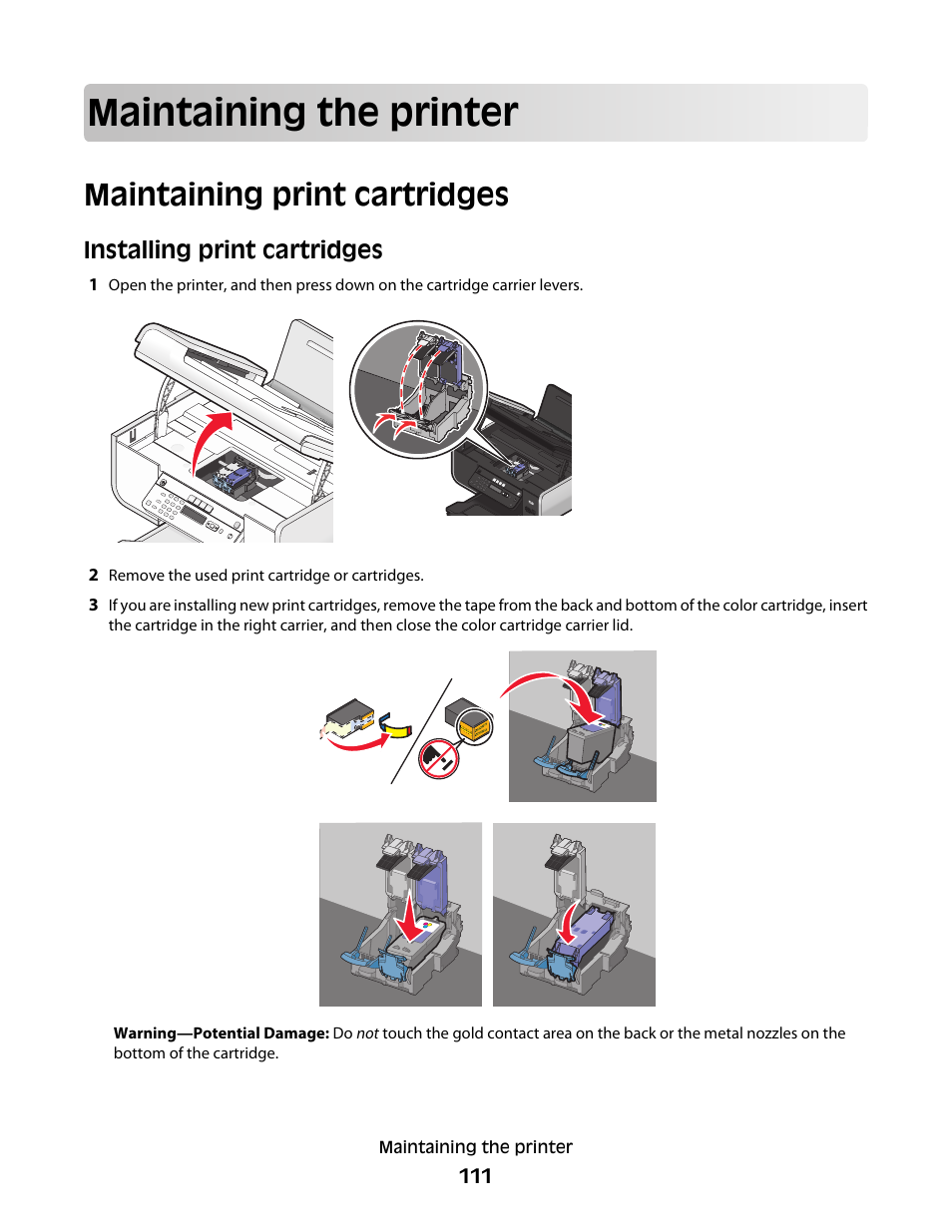 Maintaining the printer, Maintaining print cartridges, Installing print cartridges | Lexmark 5600 Series User Manual | Page 111 / 173