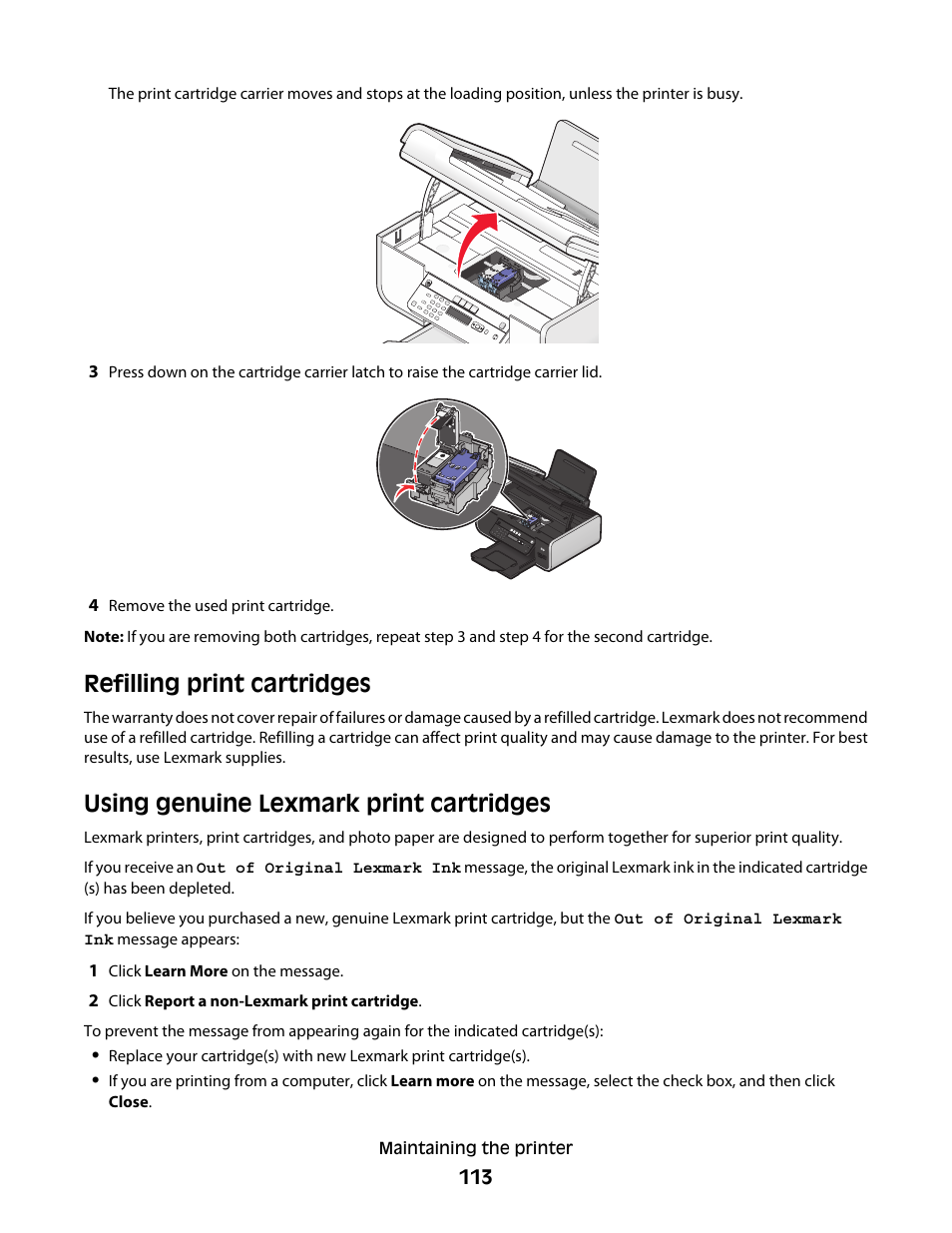 Refilling print cartridges, Using genuine lexmark print cartridges | Lexmark 5600 Series User Manual | Page 113 / 173