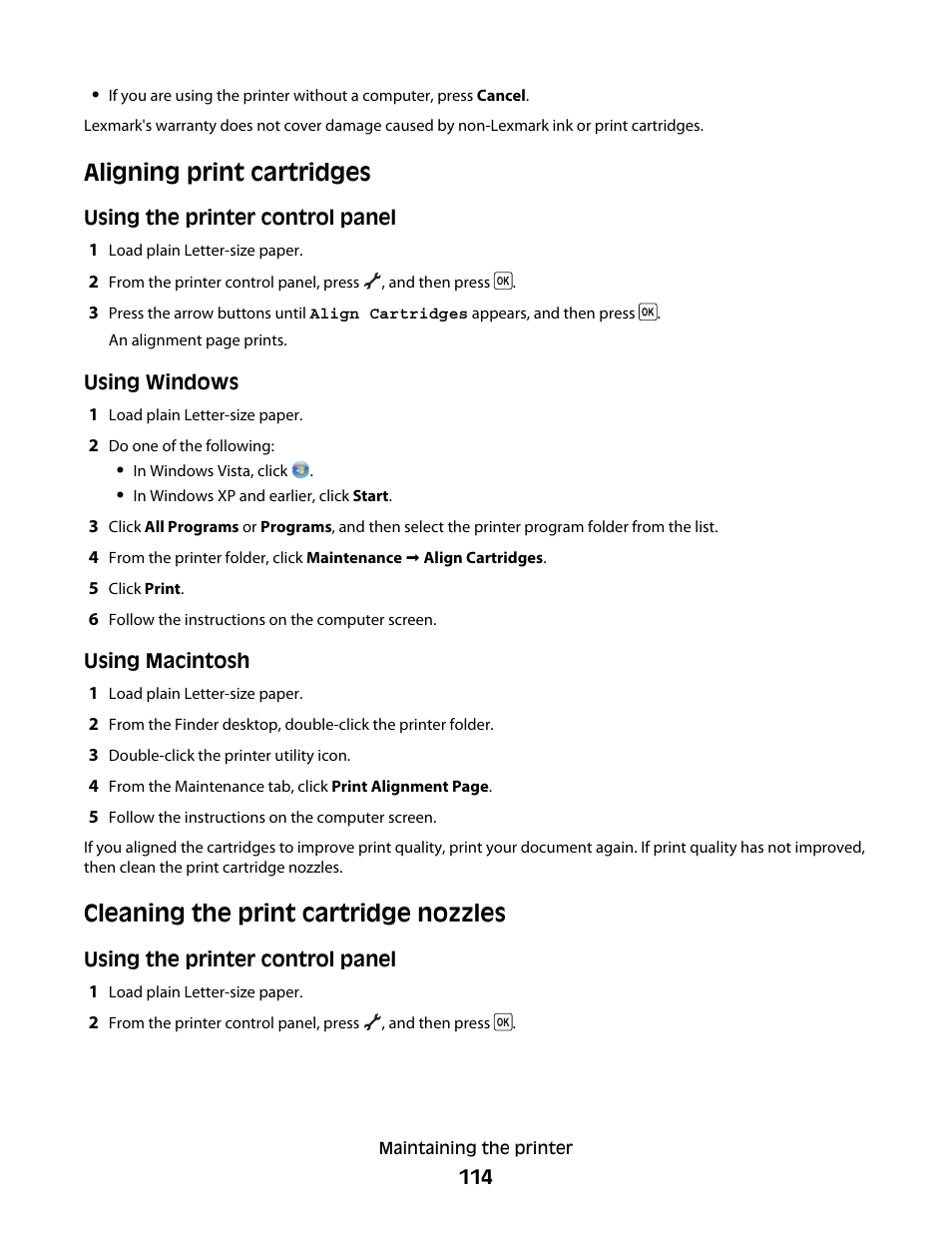 Aligning print cartridges, Cleaning the print cartridge nozzles | Lexmark 5600 Series User Manual | Page 114 / 173