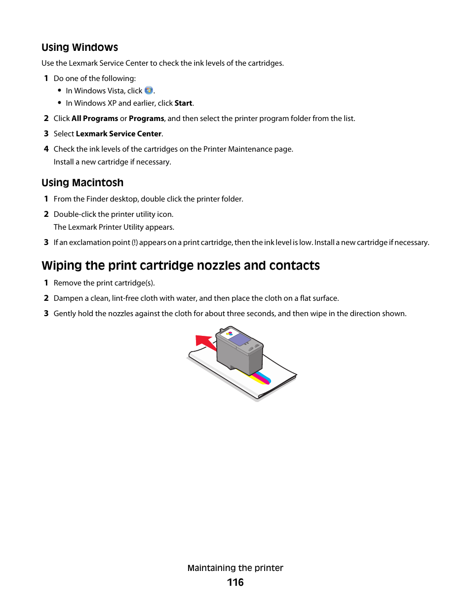 Wiping the print cartridge nozzles and contacts | Lexmark 5600 Series User Manual | Page 116 / 173