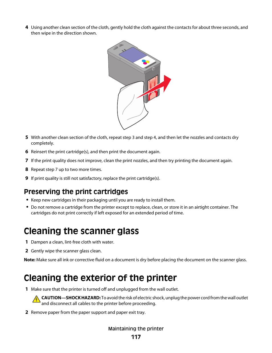 Preserving the print cartridges, Cleaning the scanner glass, Cleaning the exterior of the printer | Lexmark 5600 Series User Manual | Page 117 / 173