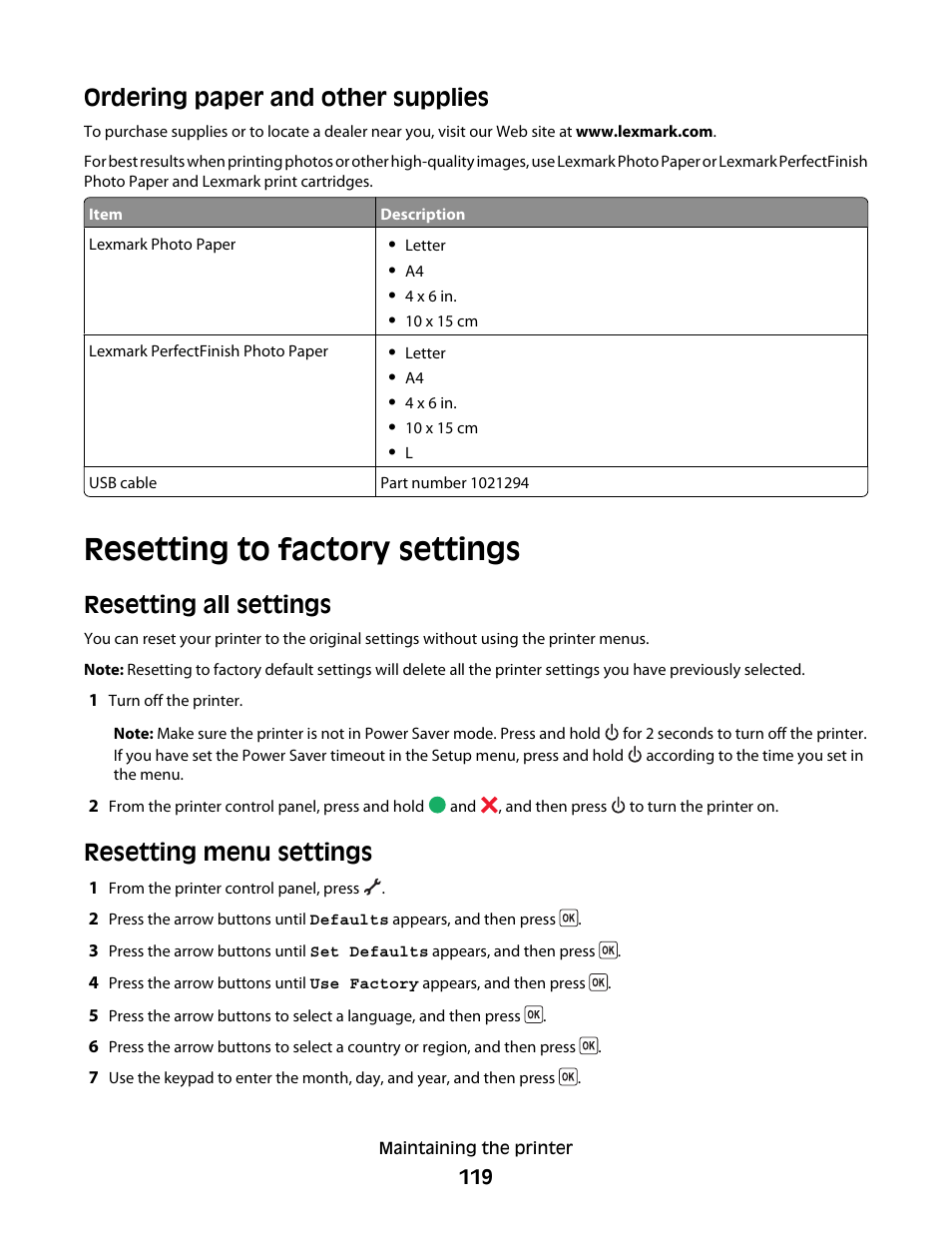 Ordering paper and other supplies, Resetting to factory settings, Resetting all settings | Resetting menu settings | Lexmark 5600 Series User Manual | Page 119 / 173