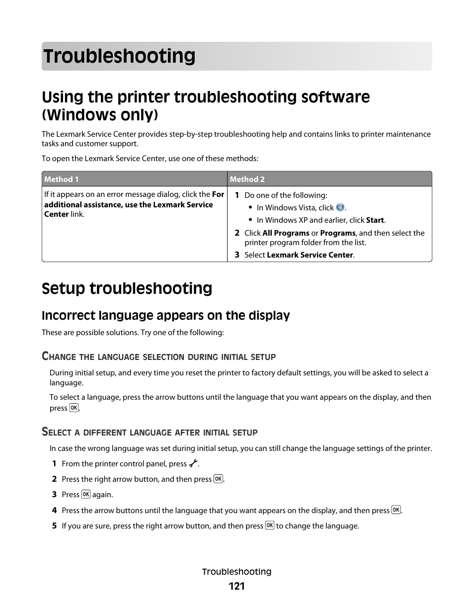 Troubleshooting, Setup troubleshooting, Incorrect language appears on the display | Lexmark 5600 Series User Manual | Page 121 / 173