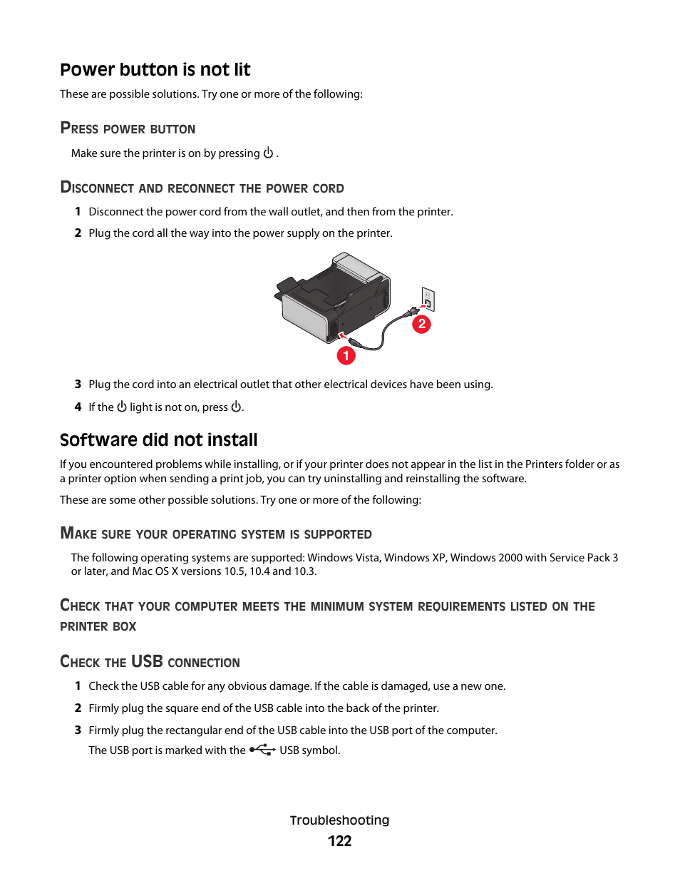 Power button is not lit, Software did not install, Power button is not lit software did not install | Lexmark 5600 Series User Manual | Page 122 / 173