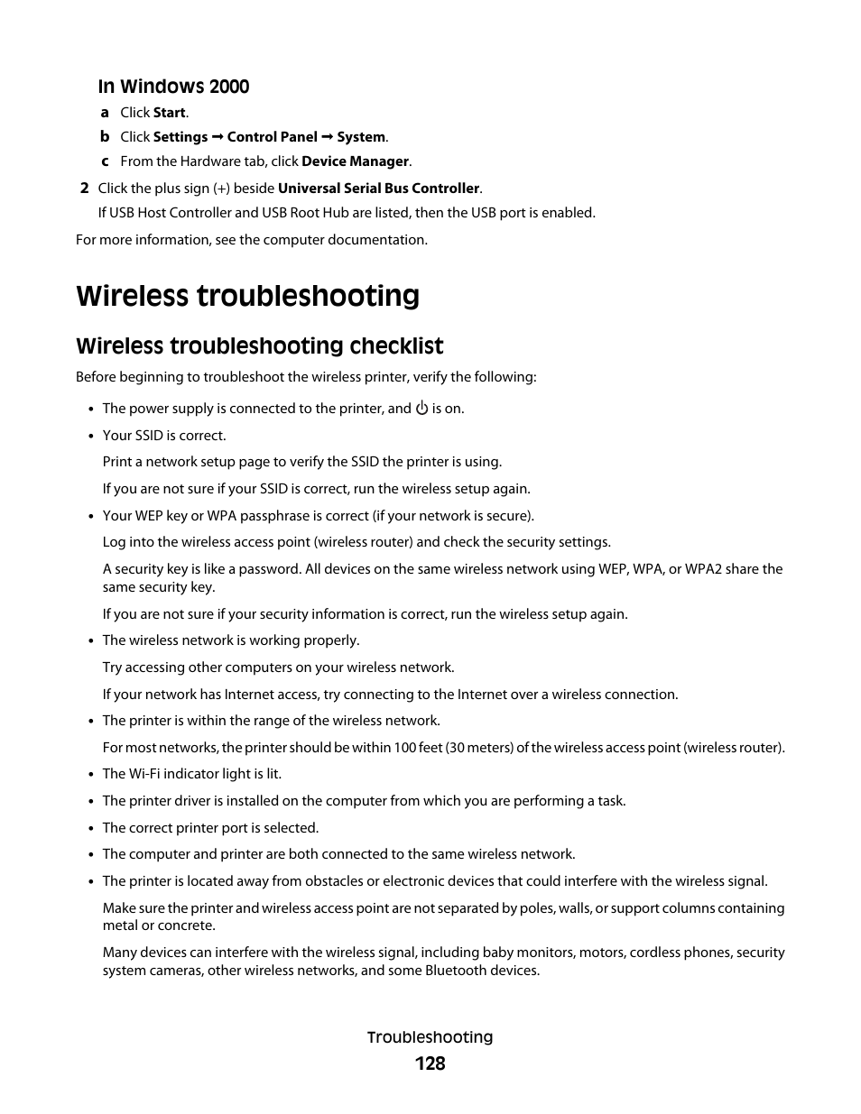 Wireless troubleshooting, Wireless troubleshooting checklist | Lexmark 5600 Series User Manual | Page 128 / 173
