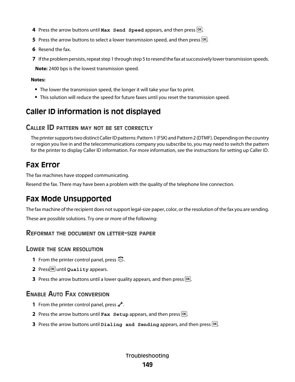 Caller id information is not displayed, Fax error, Fax mode unsupported | Caller id information is not displayed fax error, Caller id information is not displayed c | Lexmark 5600 Series User Manual | Page 149 / 173