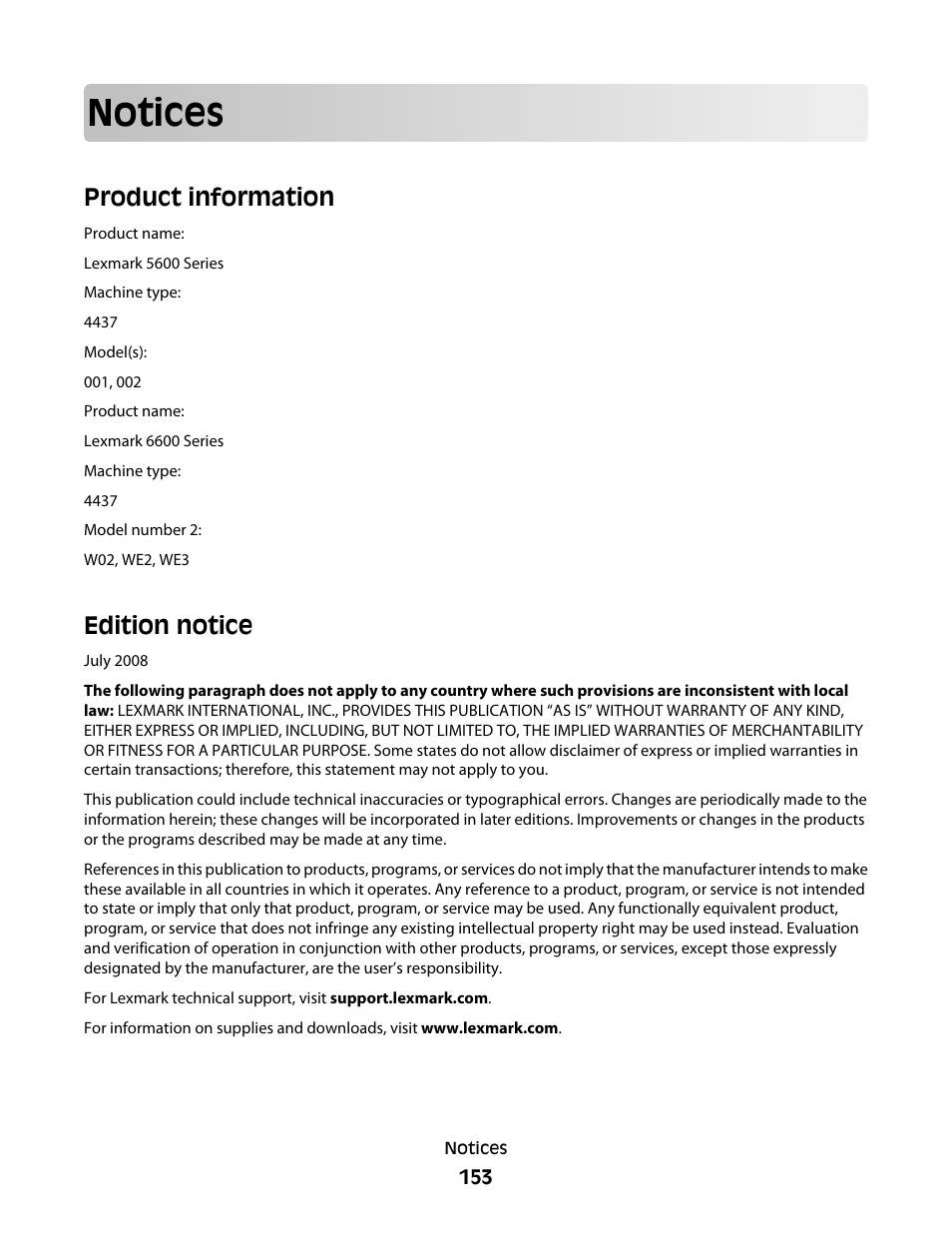 Notices, Product information, Edition notice | Lexmark 5600 Series User Manual | Page 153 / 173