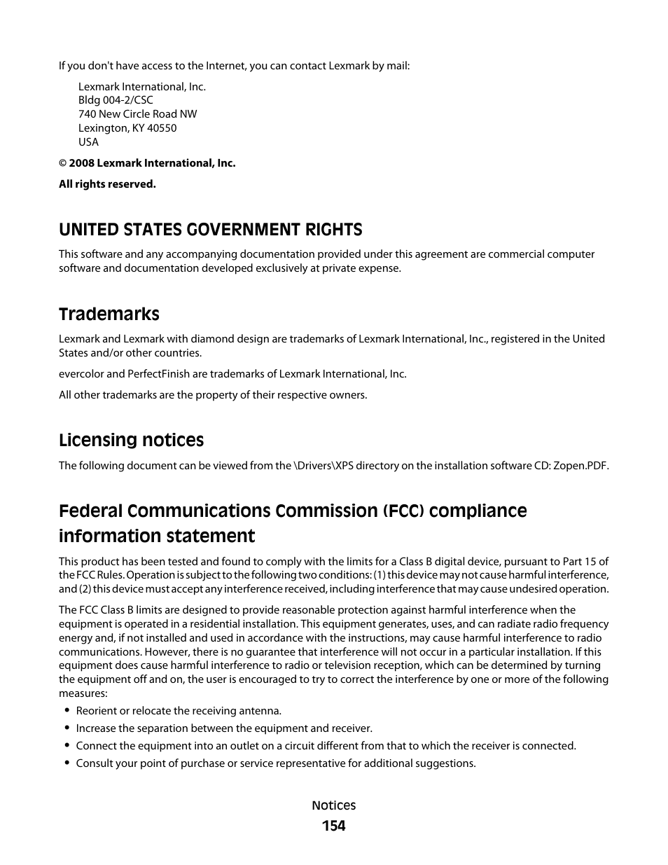 United states government rights, Trademarks, Licensing notices | Lexmark 5600 Series User Manual | Page 154 / 173