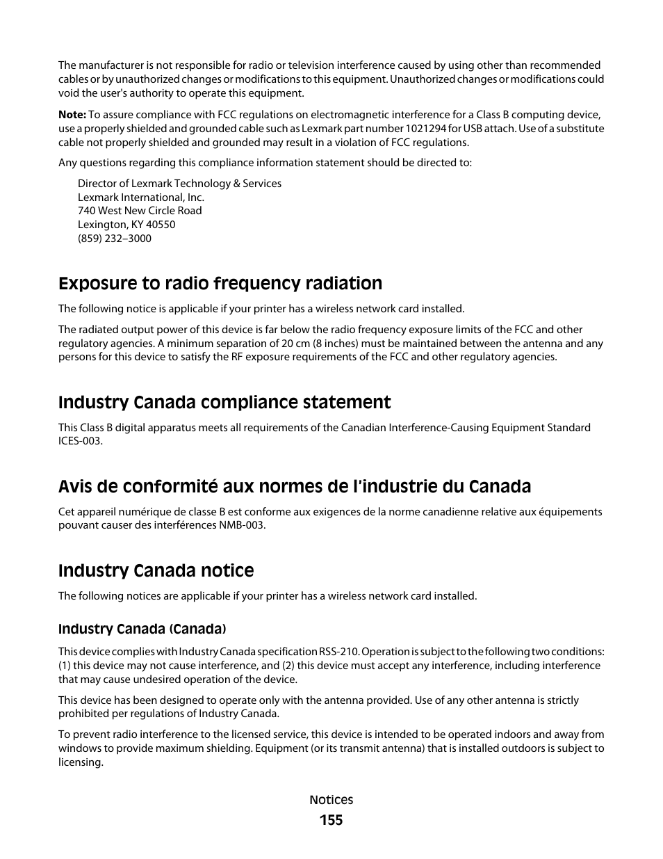 Exposure to radio frequency radiation, Industry canada notice, Industry canada compliance statement | Lexmark 5600 Series User Manual | Page 155 / 173