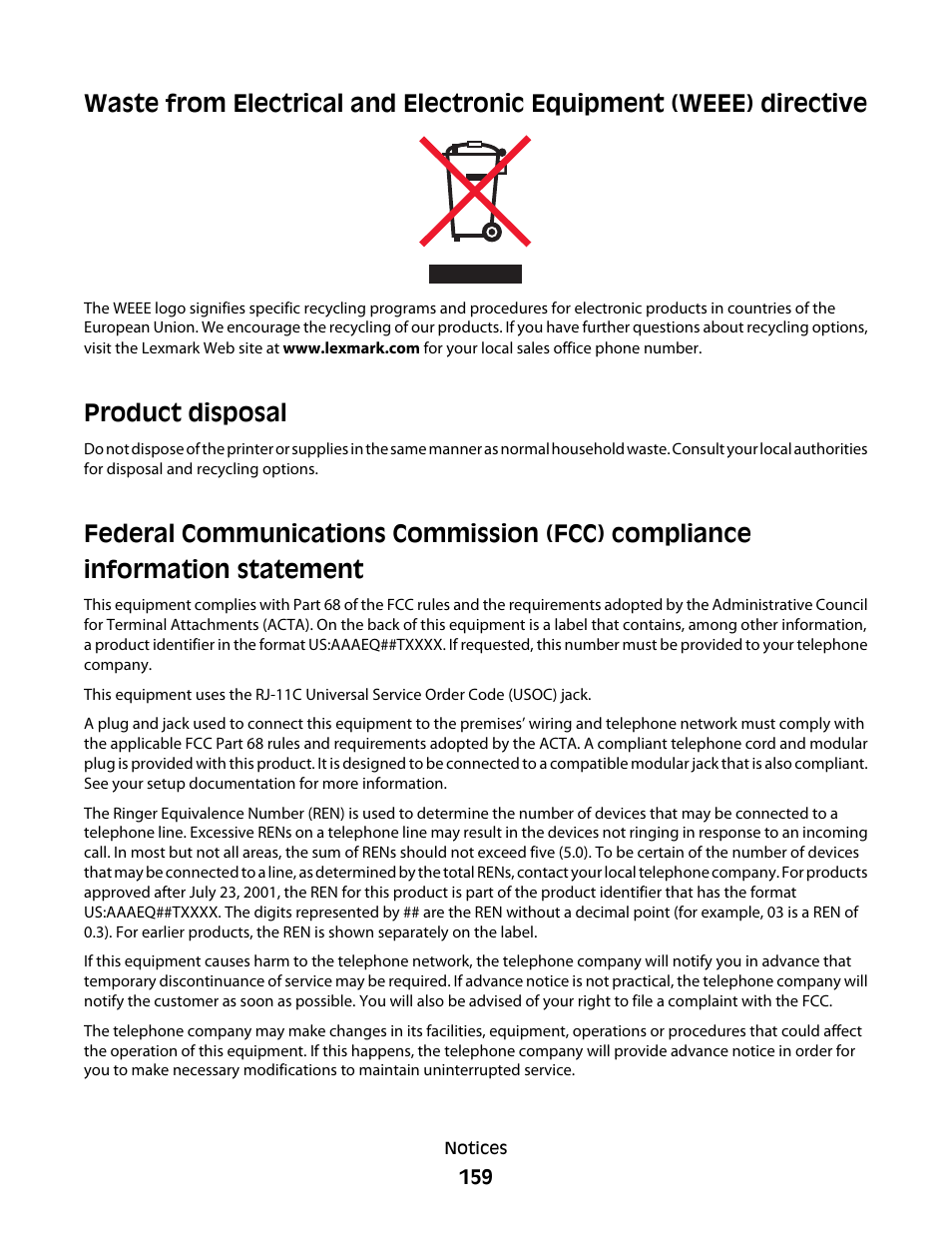 Product disposal | Lexmark 5600 Series User Manual | Page 159 / 173