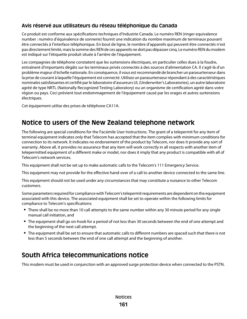 South africa telecommunications notice | Lexmark 5600 Series User Manual | Page 161 / 173