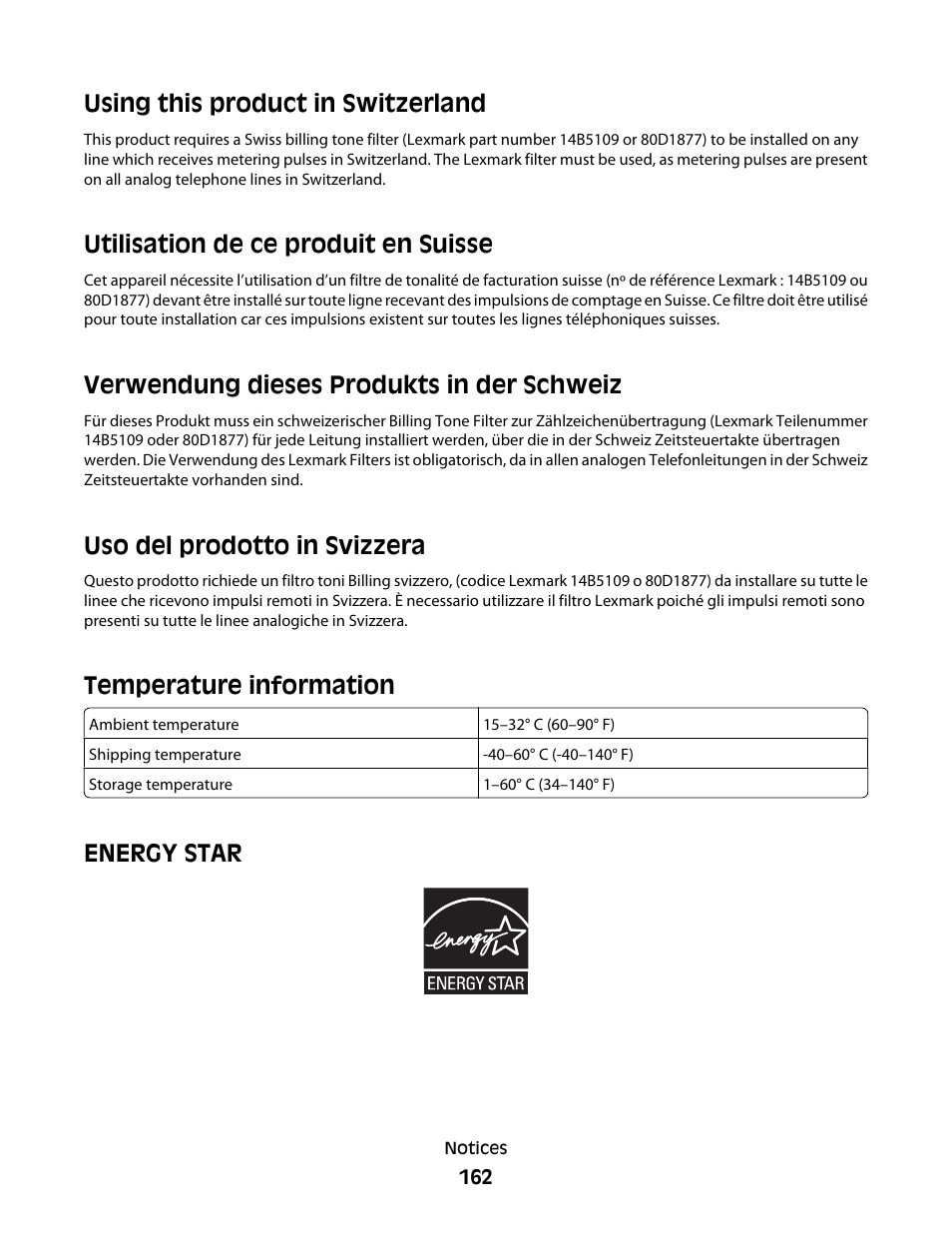 Temperature information, Energy star, Using this product in switzerland | Utilisation de ce produit en suisse, Verwendung dieses produkts in der schweiz, Uso del prodotto in svizzera | Lexmark 5600 Series User Manual | Page 162 / 173