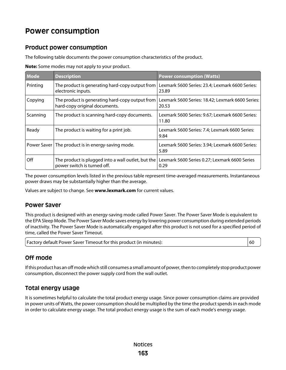 Power consumption, Product power consumption, Power saver | Off mode, Total energy usage | Lexmark 5600 Series User Manual | Page 163 / 173