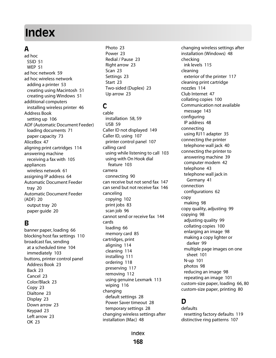 Index | Lexmark 5600 Series User Manual | Page 168 / 173