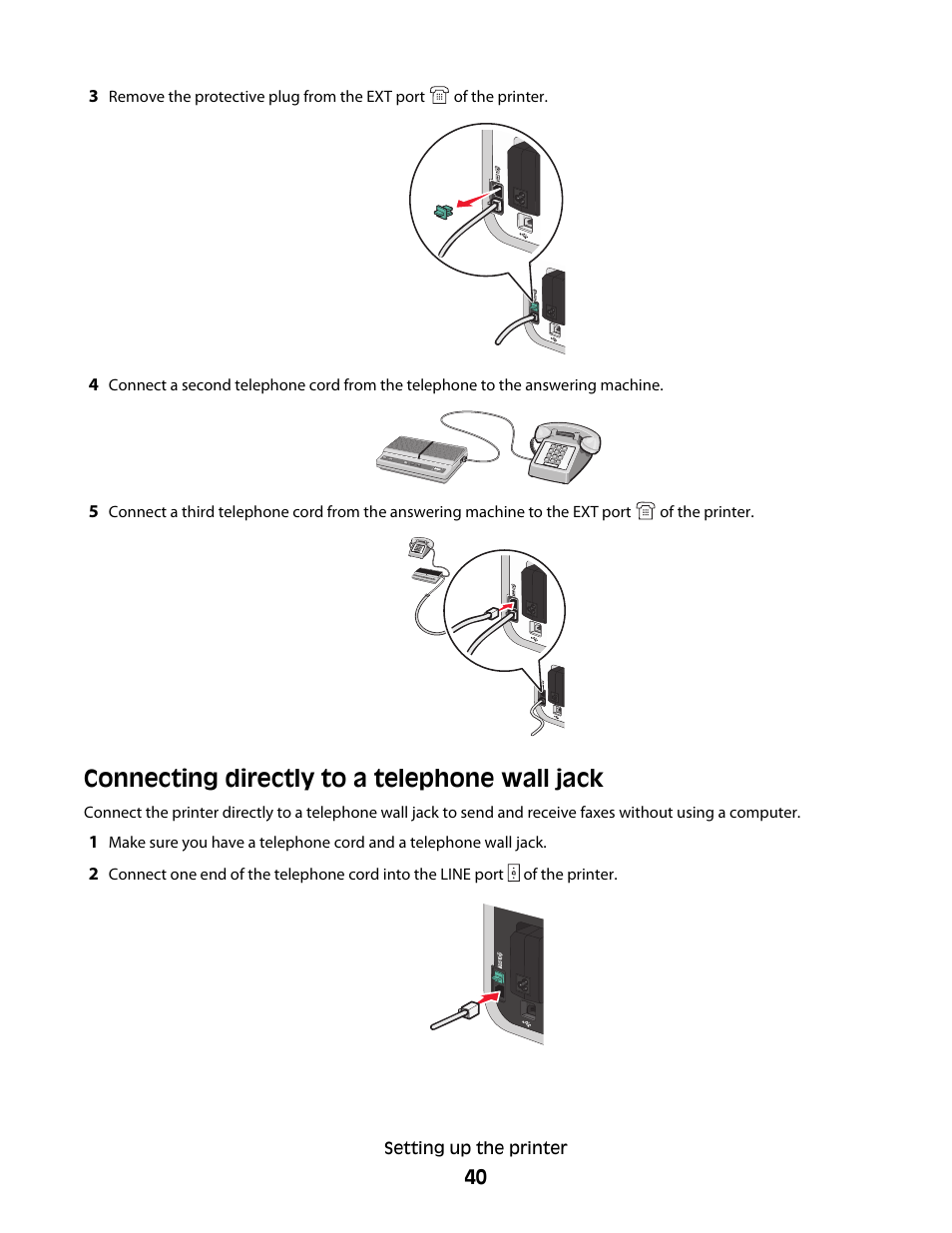 Connecting directly to a telephone wall jack | Lexmark 5600 Series User Manual | Page 40 / 173