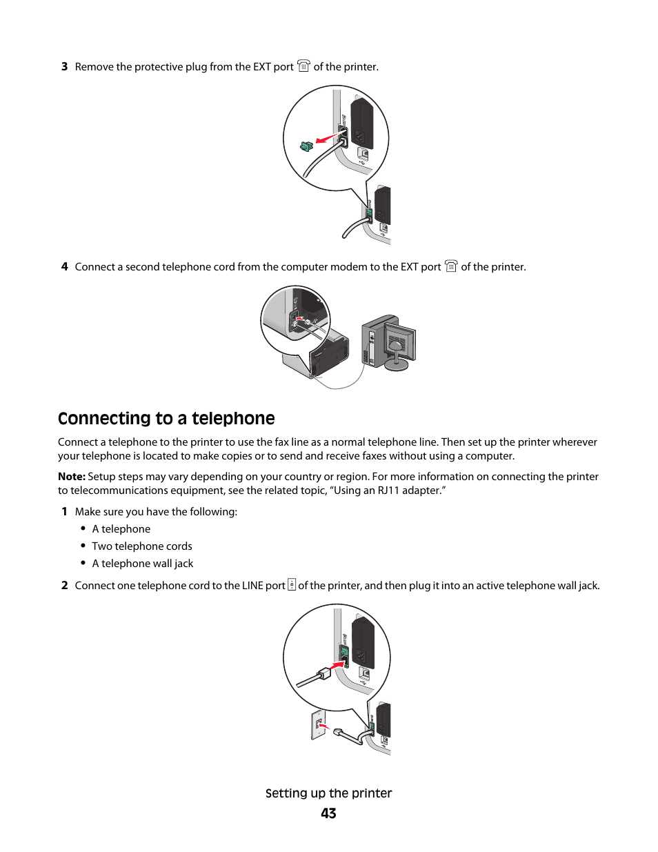 Connecting to a telephone | Lexmark 5600 Series User Manual | Page 43 / 173