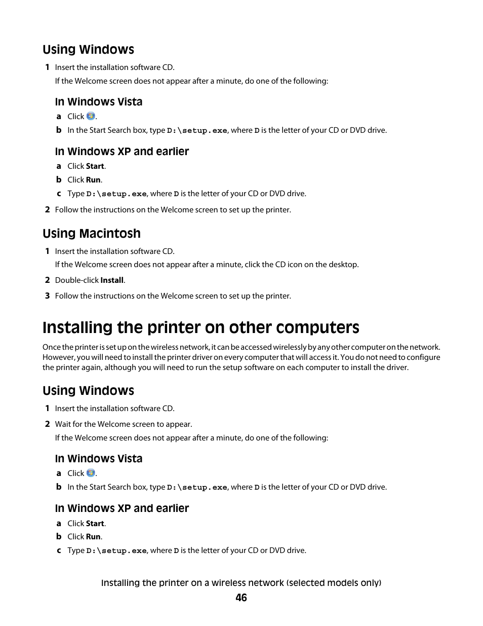 Installing the printer on other computers, Using windows, Using macintosh | Lexmark 5600 Series User Manual | Page 46 / 173