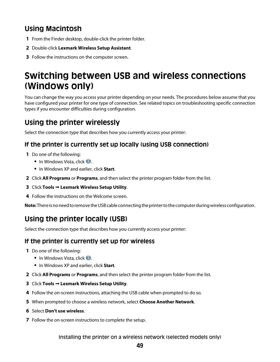 Using macintosh, Using the printer wirelessly, Using the printer locally (usb) | Lexmark 5600 Series User Manual | Page 49 / 173