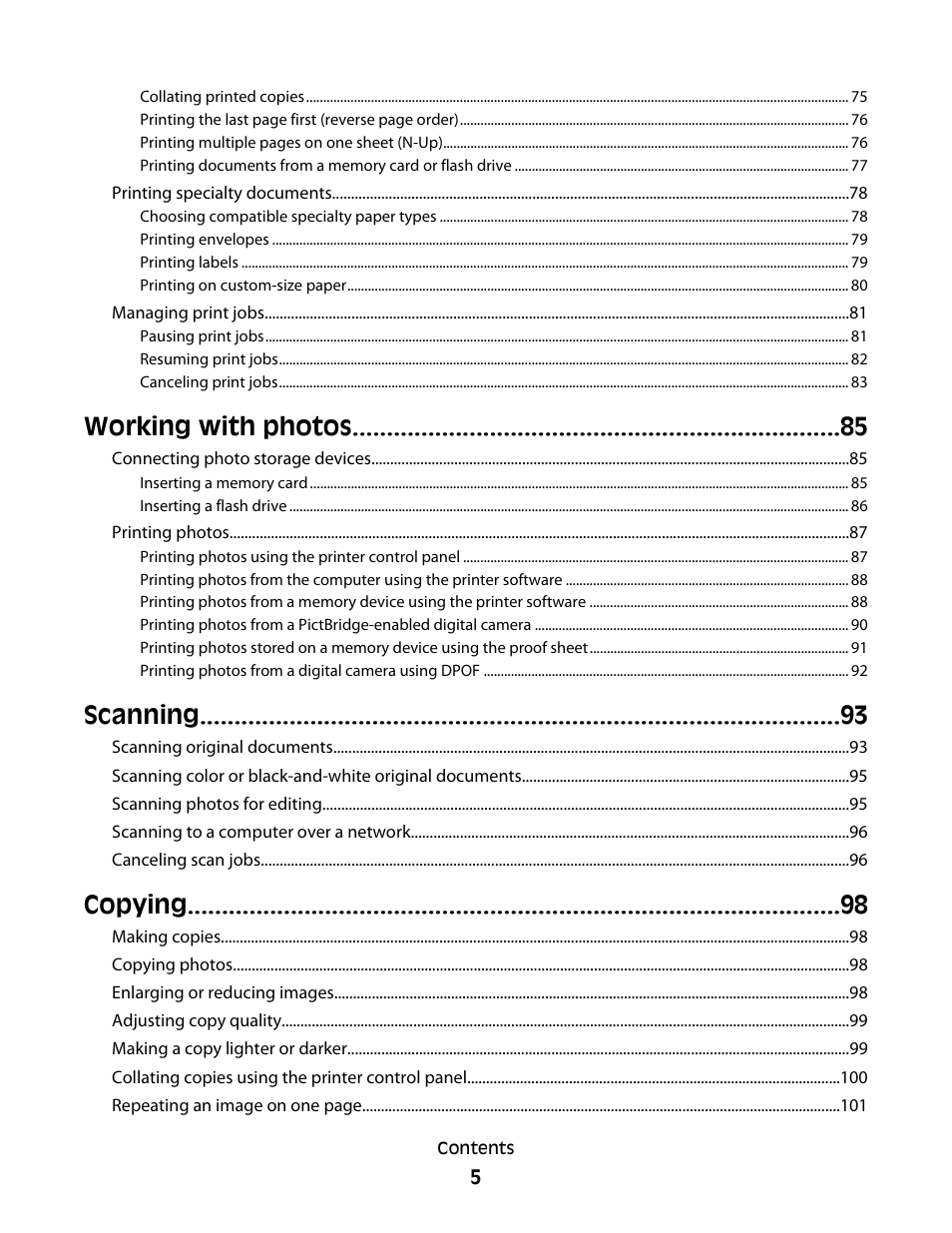 Working with photos, Scanning, Copying | Lexmark 5600 Series User Manual | Page 5 / 173