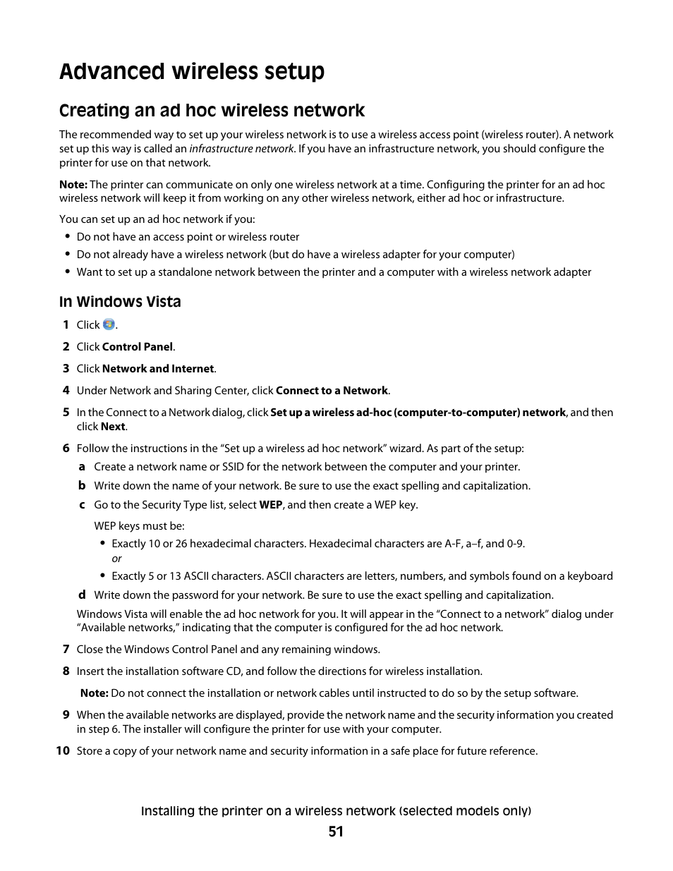 Advanced wireless setup, Creating an ad hoc wireless network | Lexmark 5600 Series User Manual | Page 51 / 173