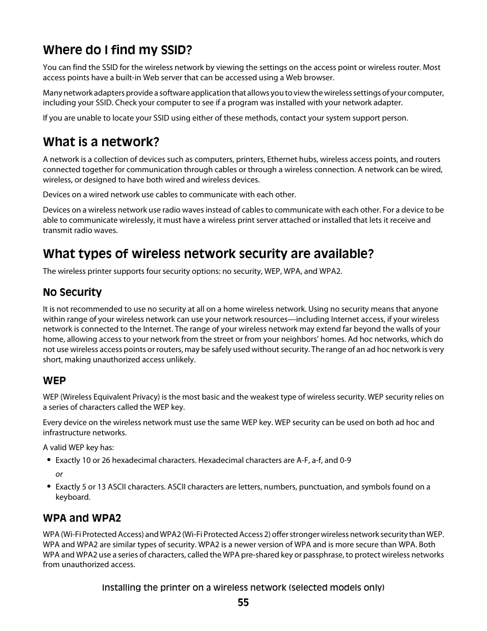 Where do i find my ssid, What is a network, Where do i find my ssid? what is a network | Lexmark 5600 Series User Manual | Page 55 / 173