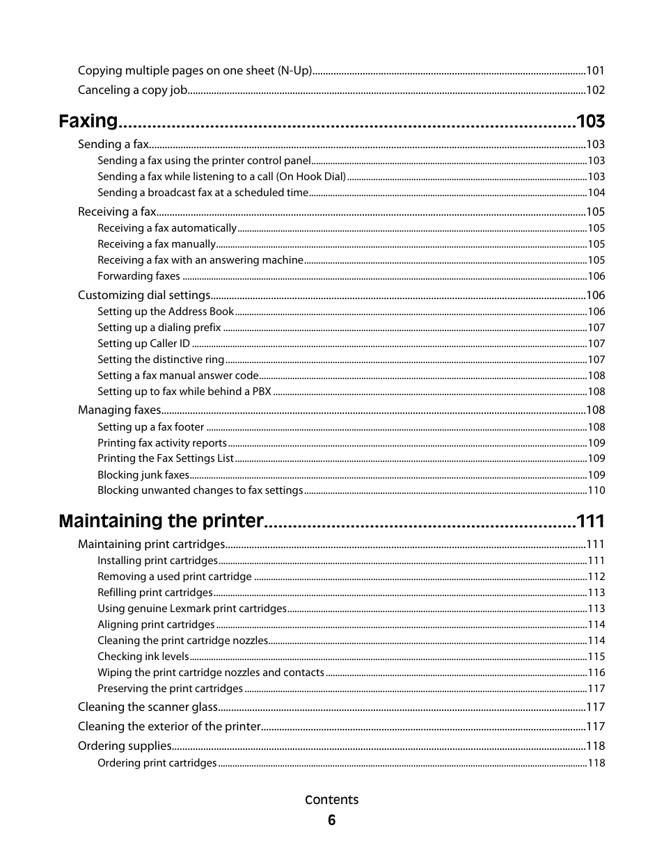 Faxing, Maintaining the printer | Lexmark 5600 Series User Manual | Page 6 / 173