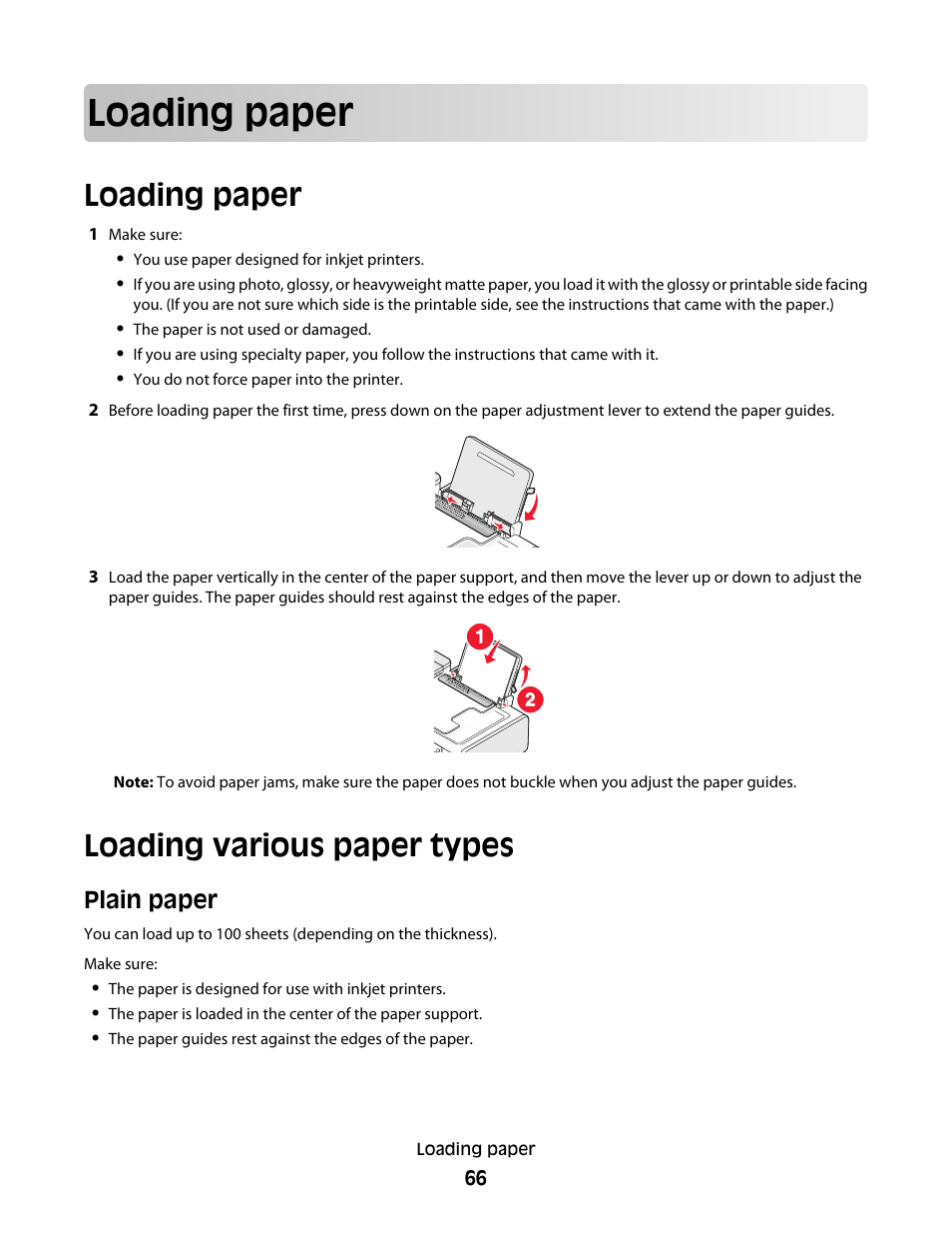 Loading paper, Loading various paper types, Plain paper | Lexmark 5600 Series User Manual | Page 66 / 173