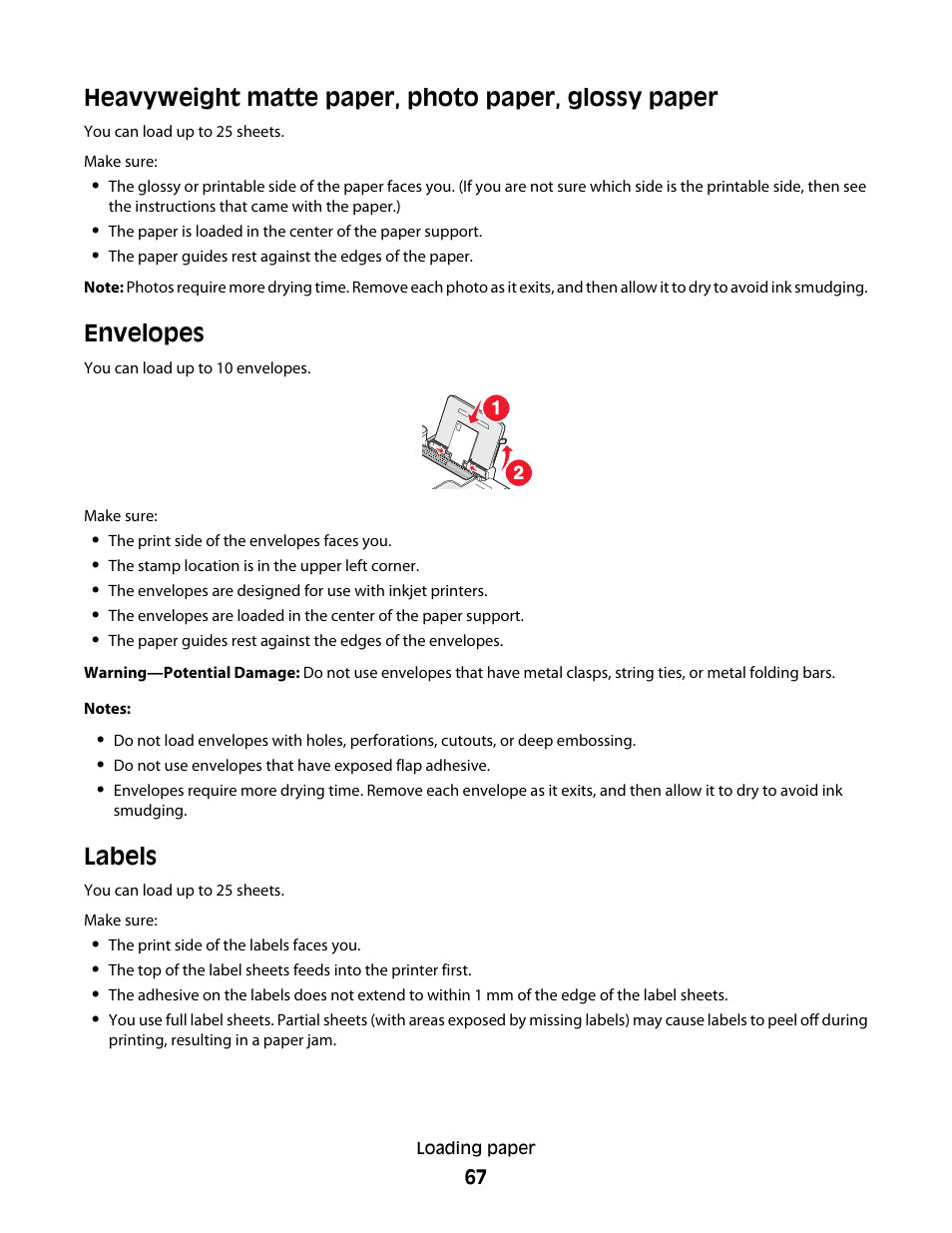 Heavyweight matte paper, photo paper, glossy paper, Envelopes, Labels | Lexmark 5600 Series User Manual | Page 67 / 173