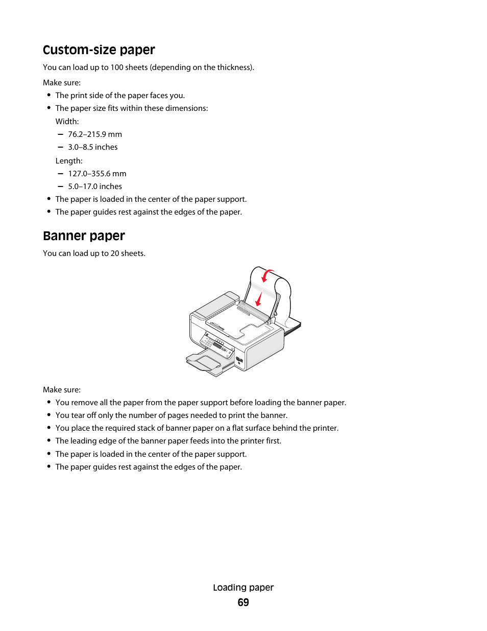 Custom-size paper, Banner paper | Lexmark 5600 Series User Manual | Page 69 / 173