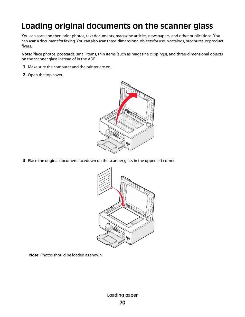 Loading original documents on the scanner glass | Lexmark 5600 Series User Manual | Page 70 / 173