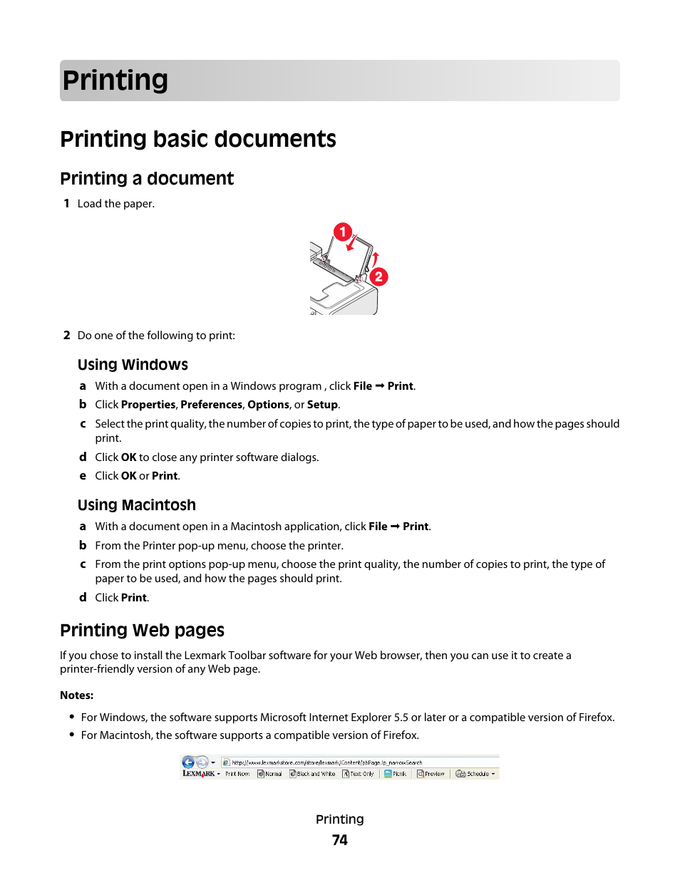 Printing, Printing basic documents, Printing a document | Printing web pages | Lexmark 5600 Series User Manual | Page 74 / 173