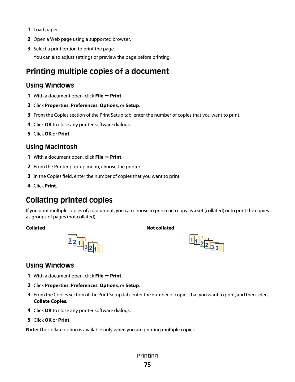 Printing multiple copies of a document, Collating printed copies | Lexmark 5600 Series User Manual | Page 75 / 173