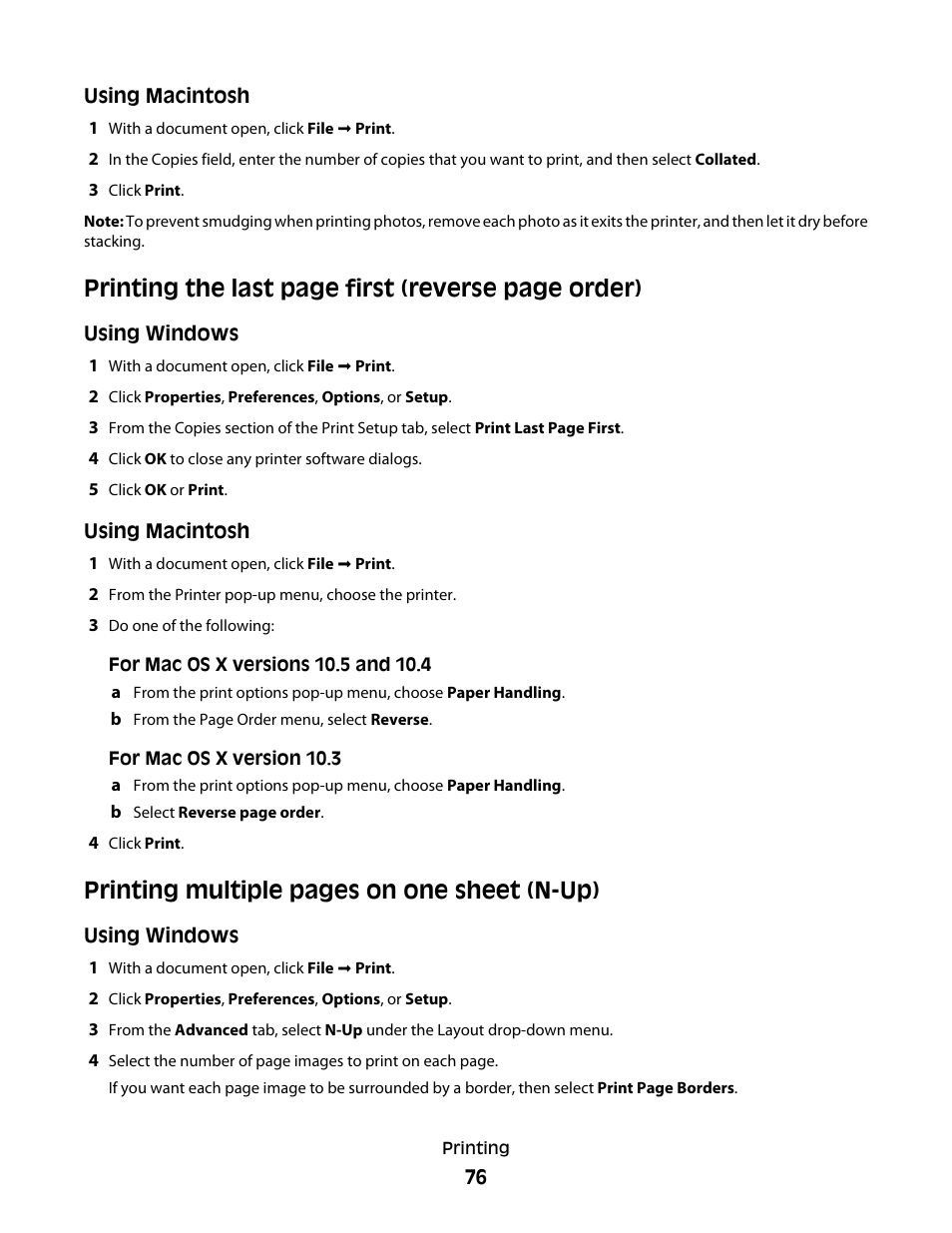 Printing the last page first (reverse page order), Printing multiple pages on one sheet (n-up) | Lexmark 5600 Series User Manual | Page 76 / 173