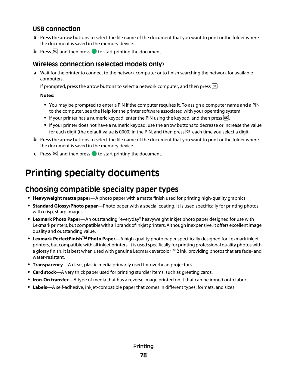 Printing specialty documents, Choosing compatible specialty paper types | Lexmark 5600 Series User Manual | Page 78 / 173