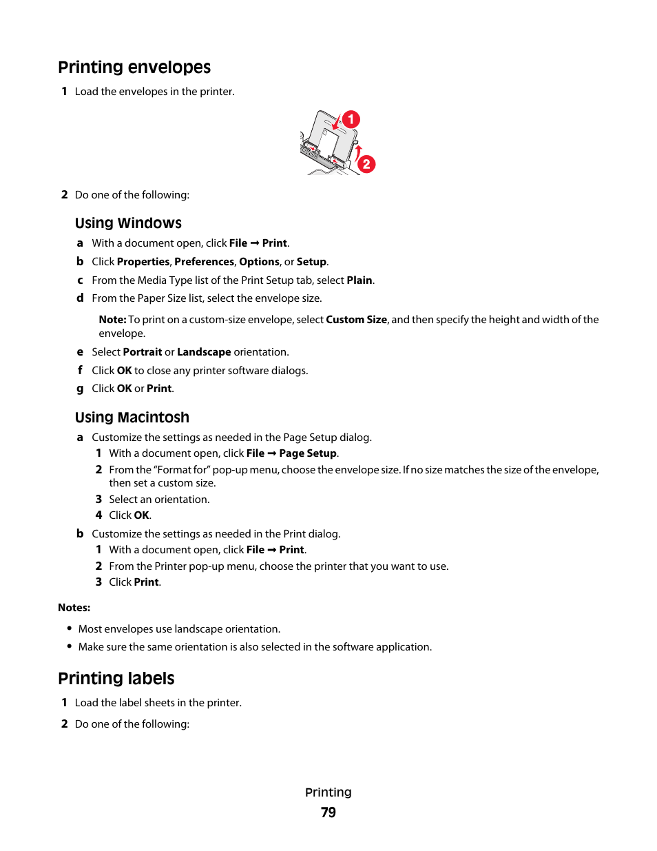 Printing envelopes, Printing labels, Printing envelopes printing labels | Lexmark 5600 Series User Manual | Page 79 / 173