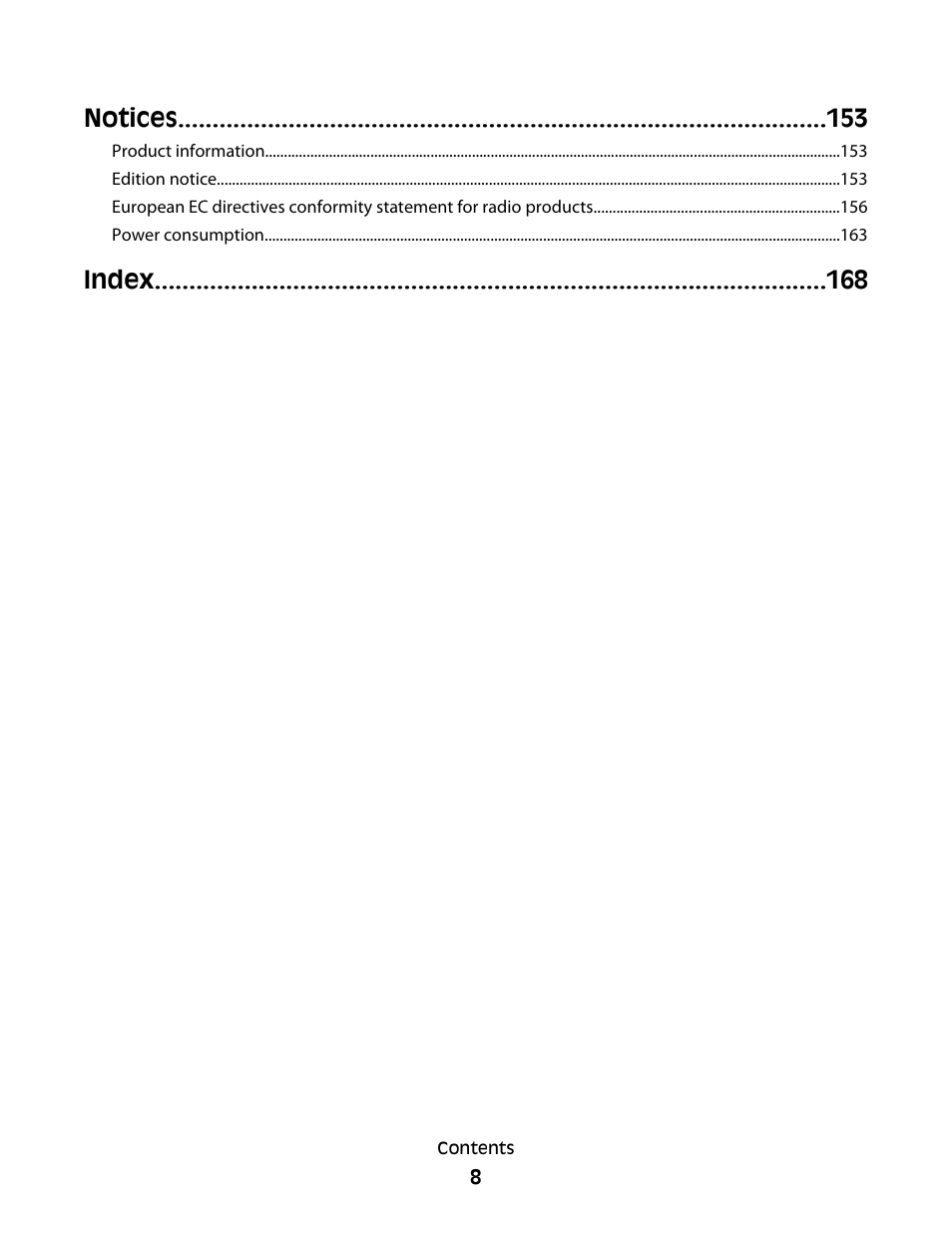 Notices, Index | Lexmark 5600 Series User Manual | Page 8 / 173
