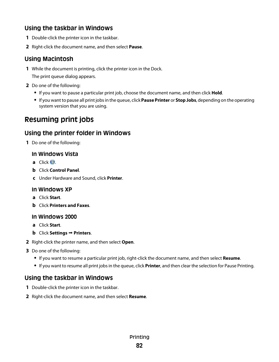 Resuming print jobs | Lexmark 5600 Series User Manual | Page 82 / 173