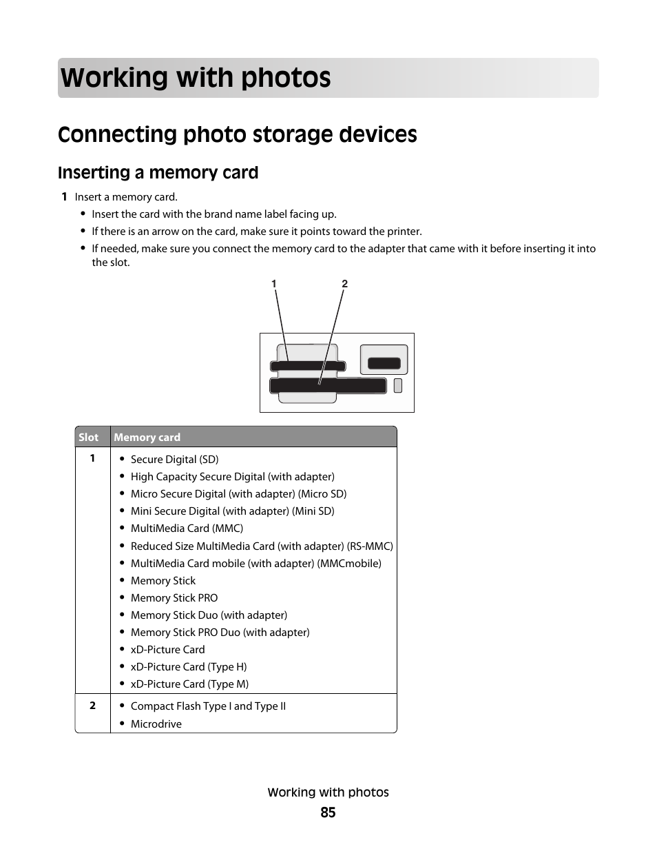Working with photos, Connecting photo storage devices, Inserting a memory card | Lexmark 5600 Series User Manual | Page 85 / 173