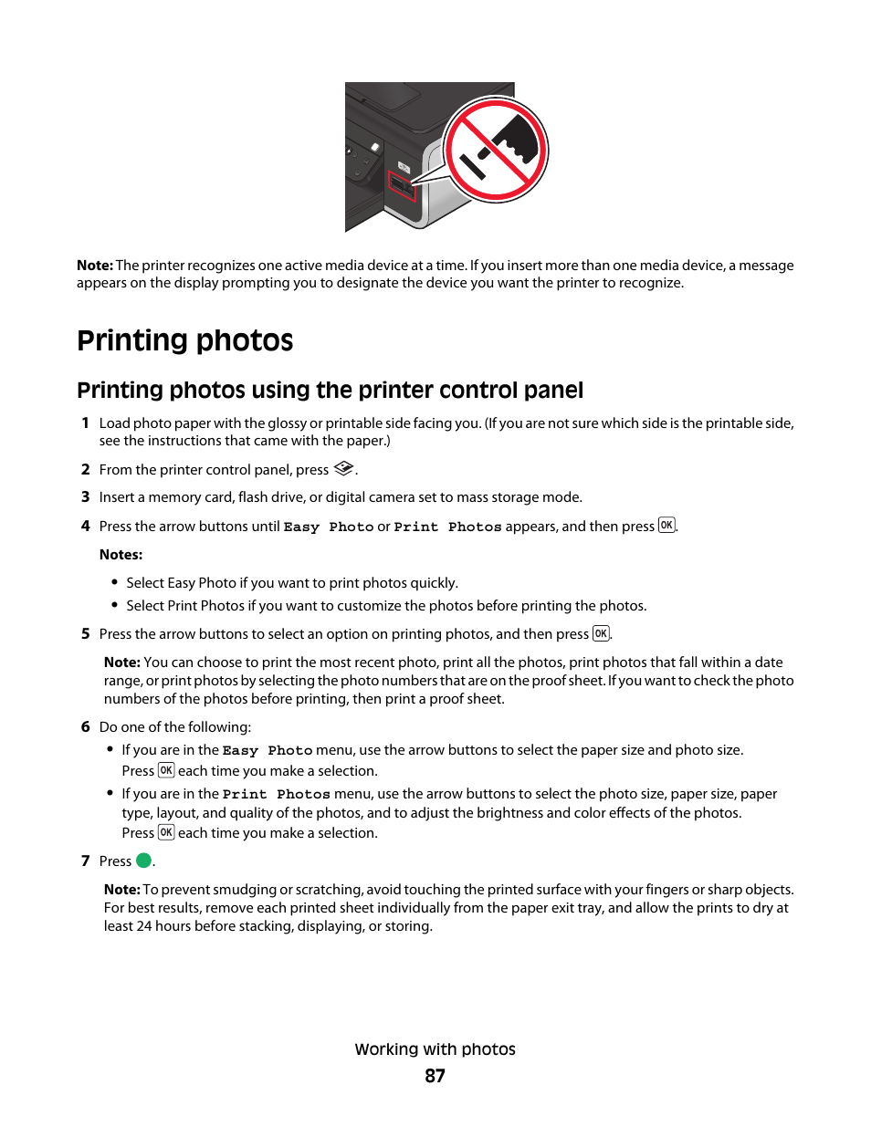Printing photos, Printing photos using the printer control panel | Lexmark 5600 Series User Manual | Page 87 / 173